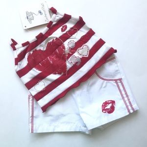 NWT Zucchero e Filati Red White Heart Print Tank Top Shorts Outfit Girl 3 Months